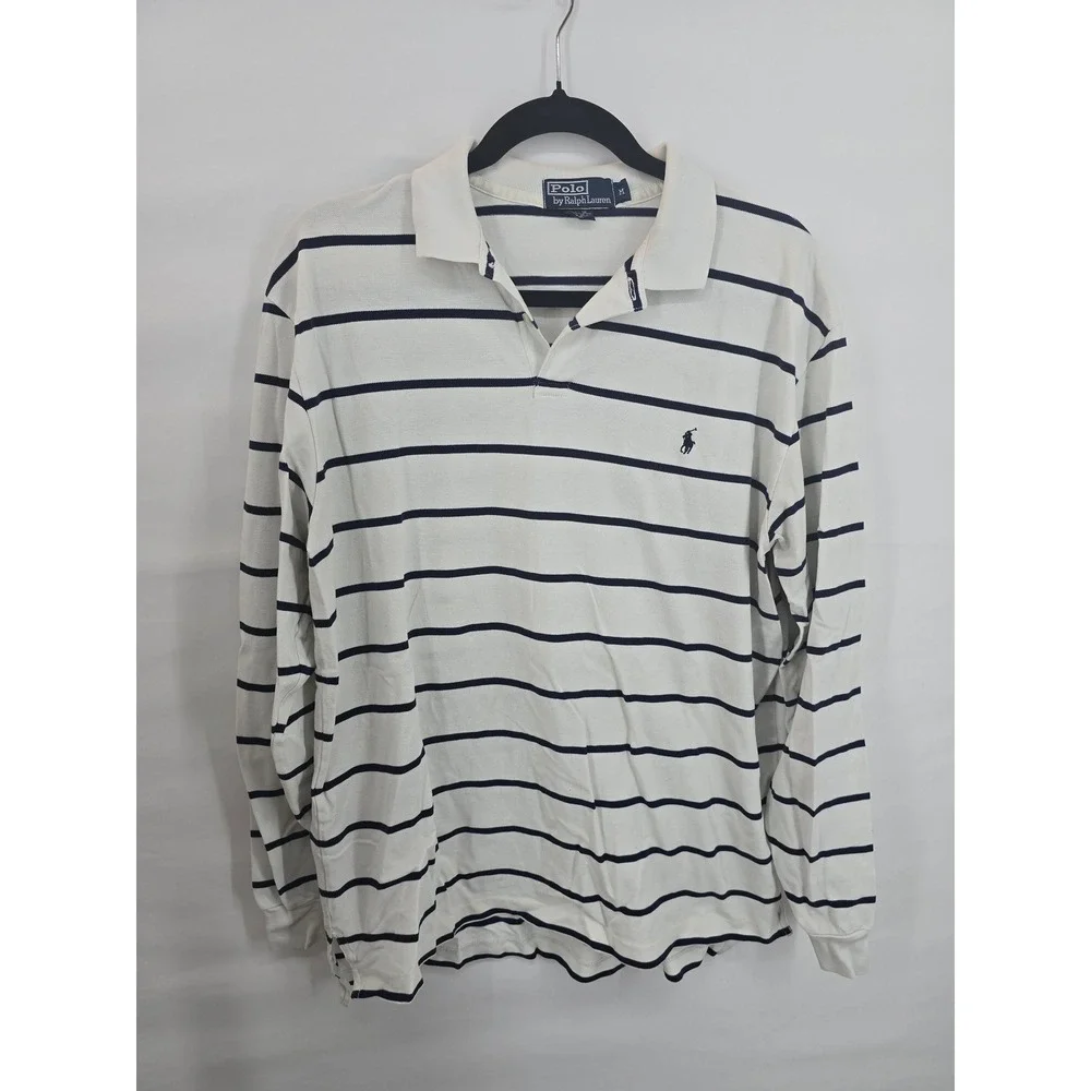Polo Ralph Lauren Mens Long Sleeve Pima Cotton Striped Polo Shirt White Navy M
